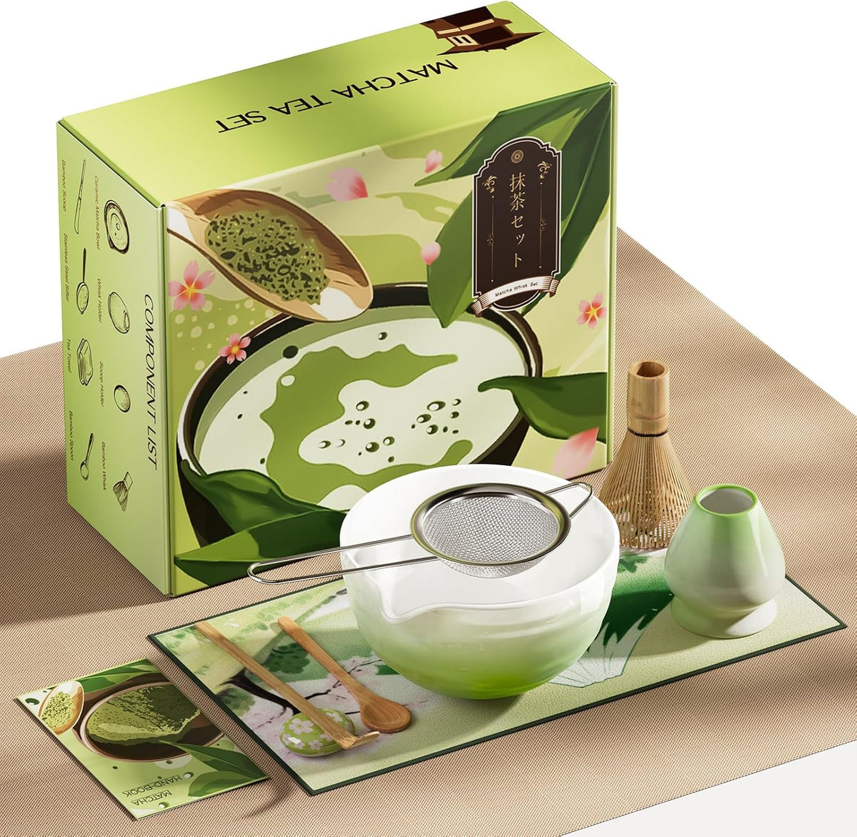 Matcha Whisk Set - 8 Pcs Tea Set with Bamboo Whisk and Holder, Ceramic Bowl, Bamboo Scoop and Spoon,Scoop Rest, Sifter & Tea Towel, Japanese Home Matcha Kit for Authentic Ceremony (Green)