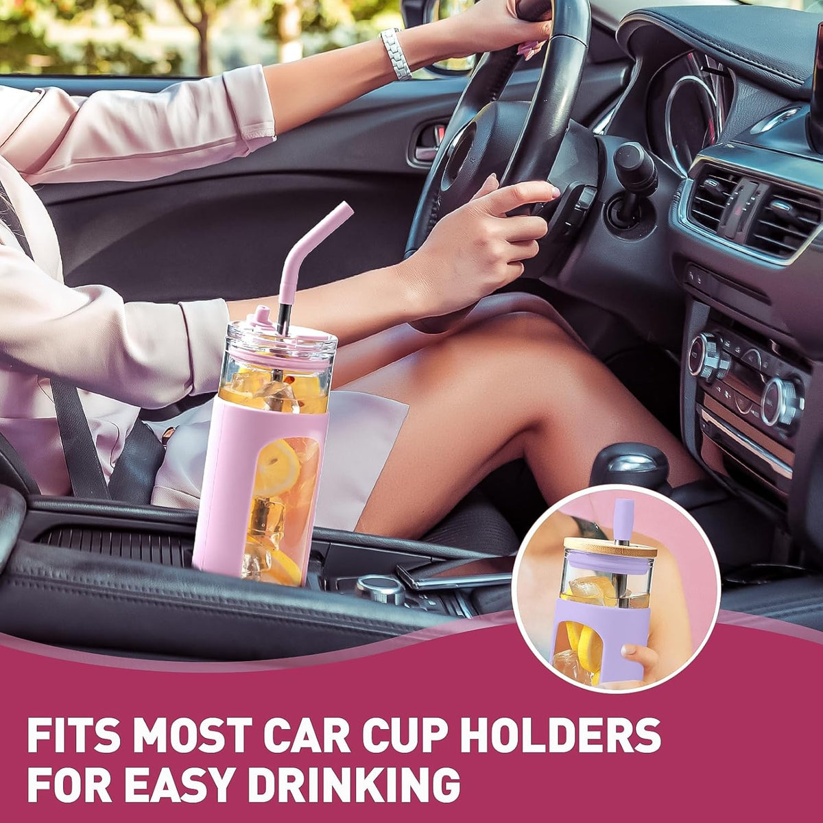 Kodrine 24oz Glass Tumbler with 2 Lids and Straws, Glass Cup With Bamboo Lid and On-the-go Lid, Reusable Iced Coffee Cup, Ideal for Smoothie, Cold Drinks, Fit Cup Holder, BPA Free (1, Pink)
