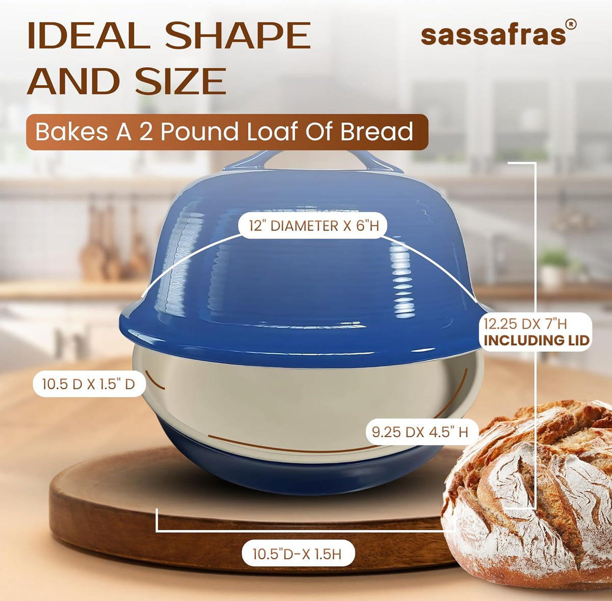 Sassafras Superstone® Stoneware La Cloche® Bread Baker with Blue Glazed Exterior and Unglazed Interior Bakes an Artisan Bread with Crusty Crust and a Light Crumb