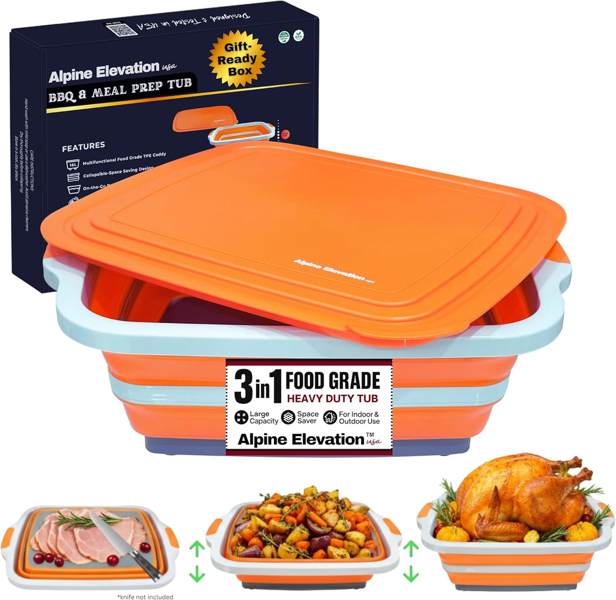 Collapsible X-Large (16L) BBQ Marinating Tub w/Cutting Board | Multipurpose Food-Grade TPE Prep Tub w/Lid | Built-In Colander & Drain Plug - For Camping | Tailgate | Picnic - Bold Orange