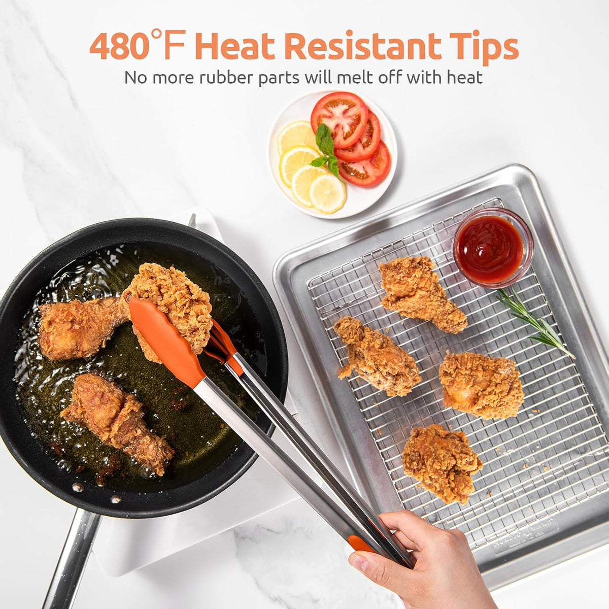 Heat Resistant Silicone Kitchen Tong: U-Taste 16 inch Extra Long Large 480ºF Hot Proof Cooking Tong with Sturdy Non Stick Rubber Tips & Non Slip Silicon Coated Steel Handle for Grilling BBQ (Orange)