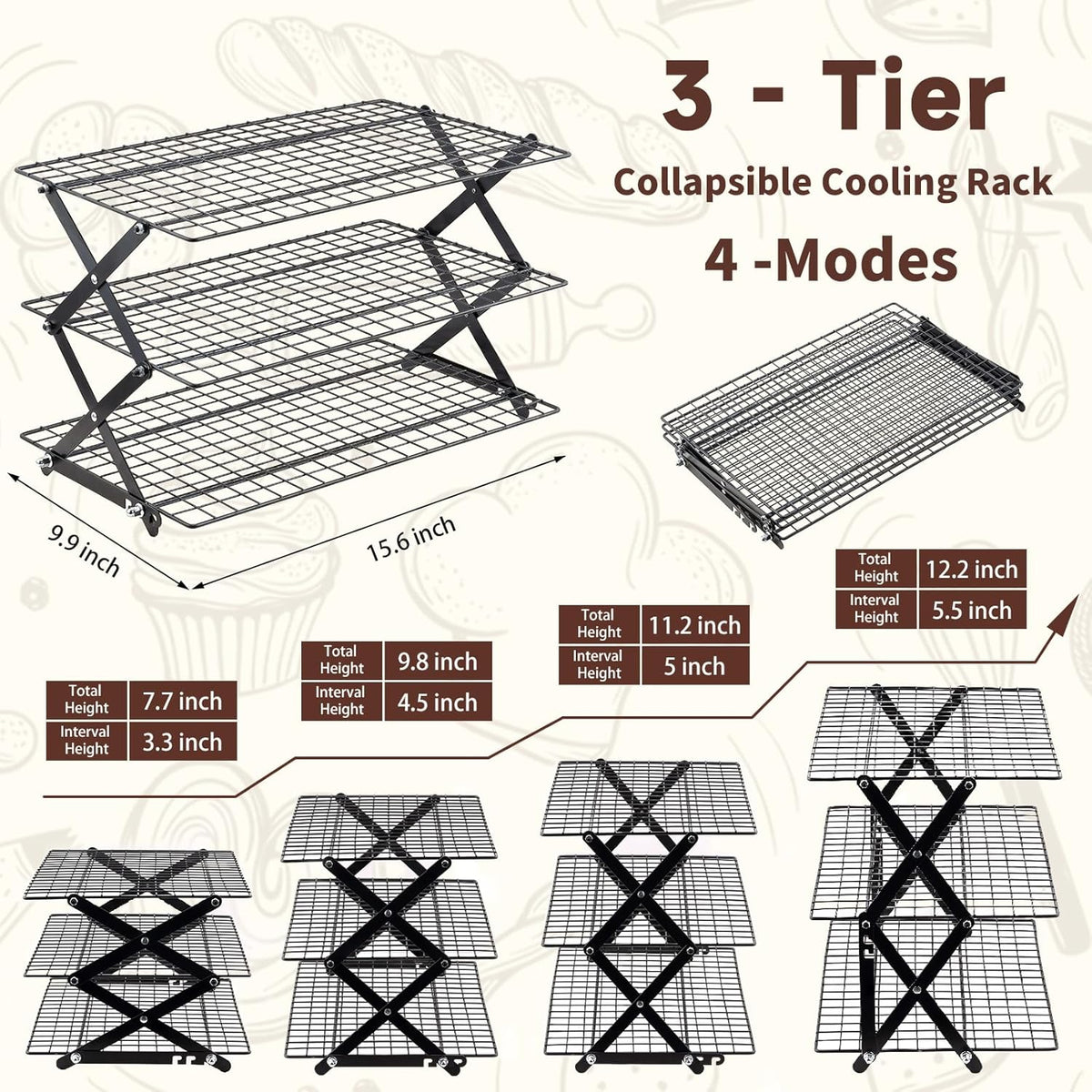 Pleafind 3 Tier Collapsible Cooling Rack - 3 Setting Design, Adjustable ＆ Stackable Baking Rack, 5 Modes Cooling Racks for Cooking and Baking, Roasting ＆ Grilling Gifts for Picnic Party