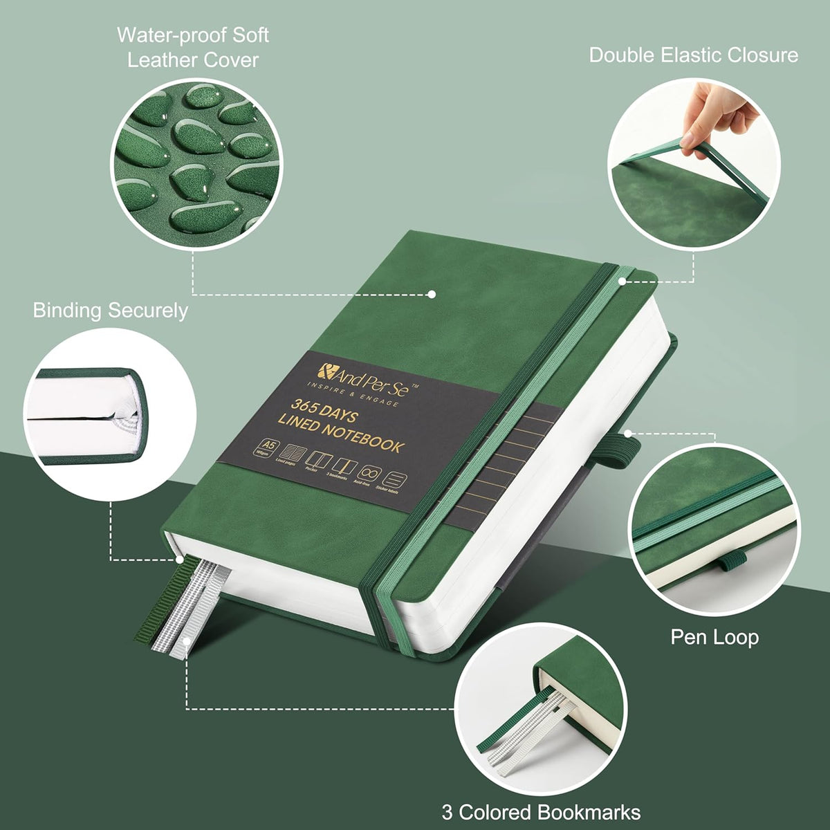 &And Per Se Lined Journal Notebook, 365 Pages, A5, 5.7'' x 8'' 100GSM Thick Paper, Journals for Writing, Hardcover Notebooks for Women Men (Green)