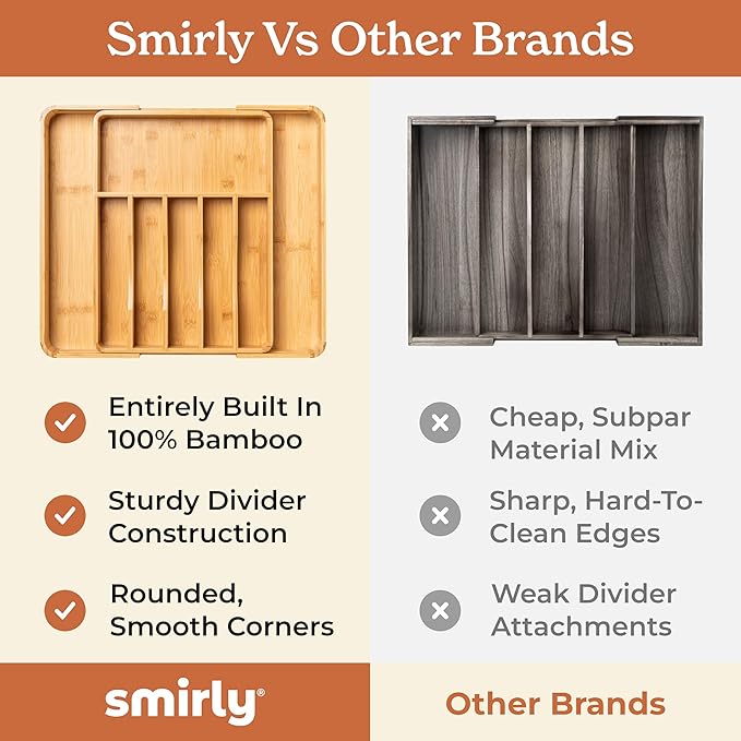 SMIRLY Silverware Drawer Organizer – Bamboo Kitchen Drawer Organizer, Adjustable Utensil Holder and Cutlery Tray, Drawer Dividers for Flatware and Kitchen Utensils