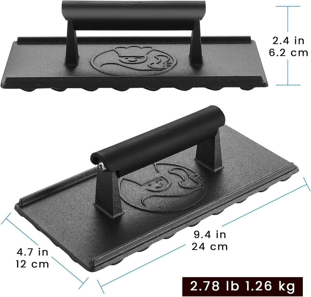 3lb Cast Iron Grill Press, Heavy Duty Smash Burger Press for Griddle Heat Resistant Handle, Burger Smasher, Hamburger Press, Grill Press for Griddle, Bacon Press Meat Press, BBQ Grill Accessories