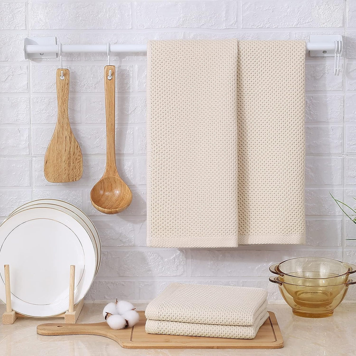 Kitinjoy 100% Cotton Waffle Weave Kitchen Towels, 8-Pack Super Soft and Absorbent Dish Towels for Drying Dishes, Kitchen Hand Towels, 13 in x 28 in, Beige