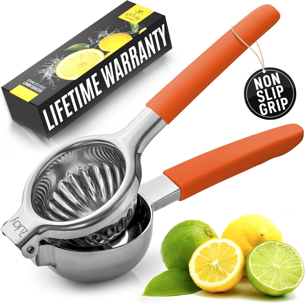 Zulay Lemon Squeezer Stainless Steel with Premium Heavy Duty Solid Metal Squeezer Bowl and Food Grade Silicone Handles - Large Manual Citrus Press Juicer and Lime Squeezer Stainless Steel (Orange)