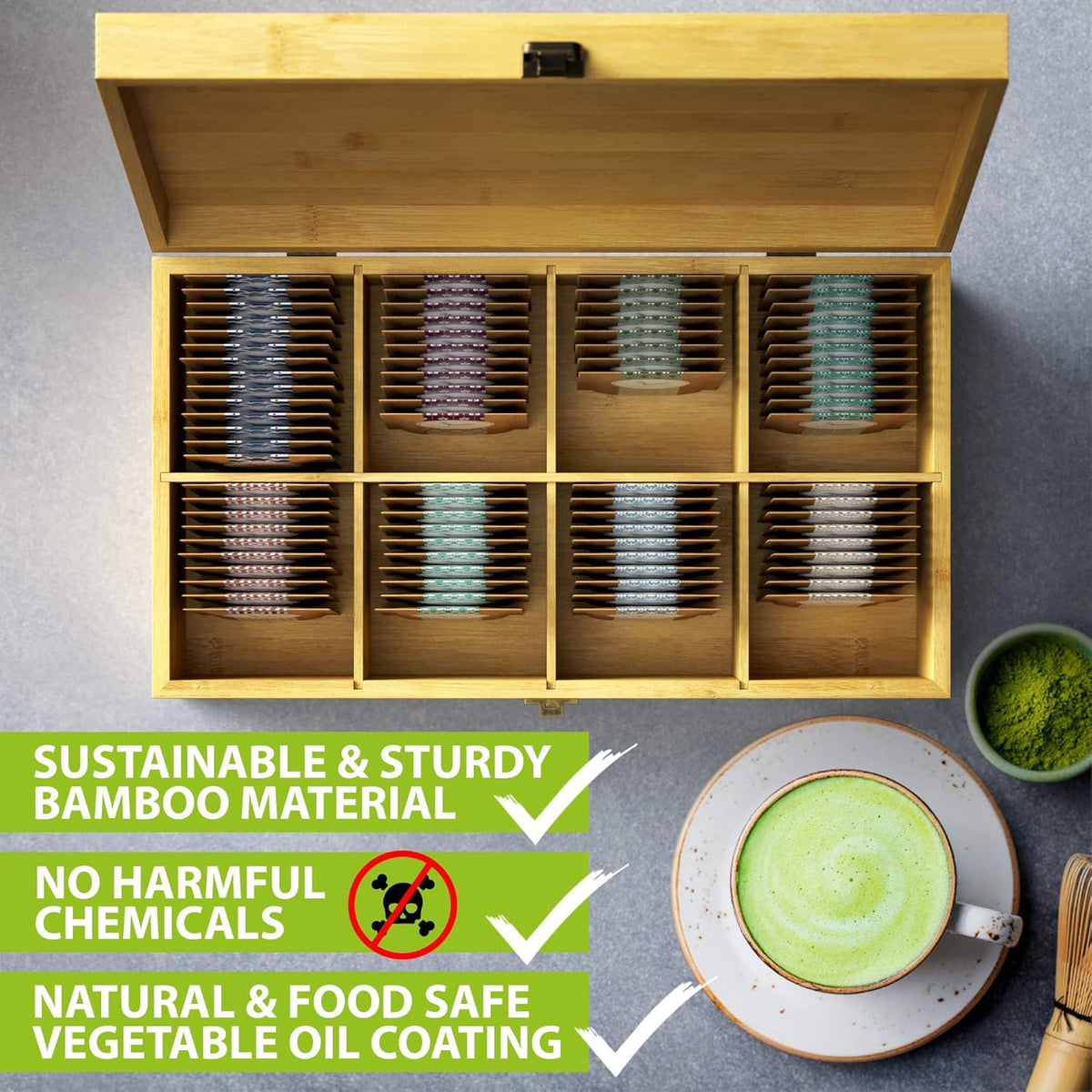 Tea Organizer Box Food Safe Chemical Free Bamboo Wood Storage Chest Big, Tall, Adjustable Cubbies (8-Slot 14.3" x 8.1" x 4.2" with TEA print design)