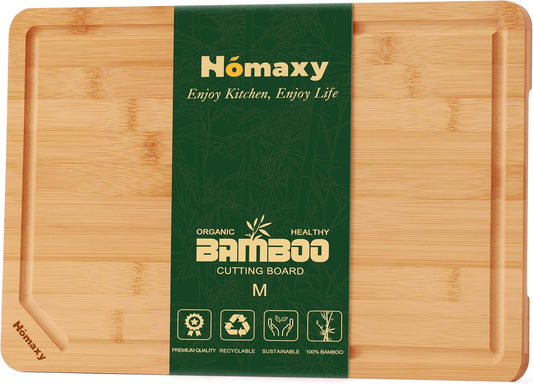 Homaxy Organic Bamboo Cutting Boards for Kitchen, 15"x10" Wooden Medium Cutting Board with Juice Groove and Handles, Charcuterie Butcher Block Wood Serving & Chopping Board - Pre Oiled