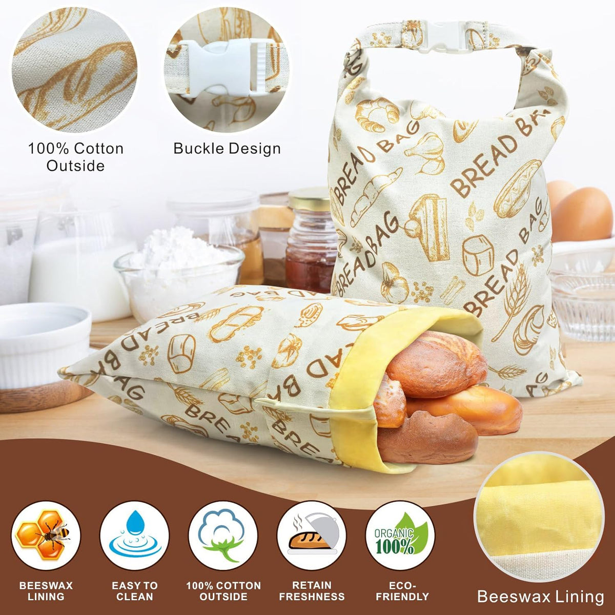 Mosucoirl Beeswax Bread Bags 2 Pack, Reusable Bread Storage Boxes for Homemade Sourdough, Cotton Food Bags Loaf Containers to Keep Fresh Large (Bread Pattern)