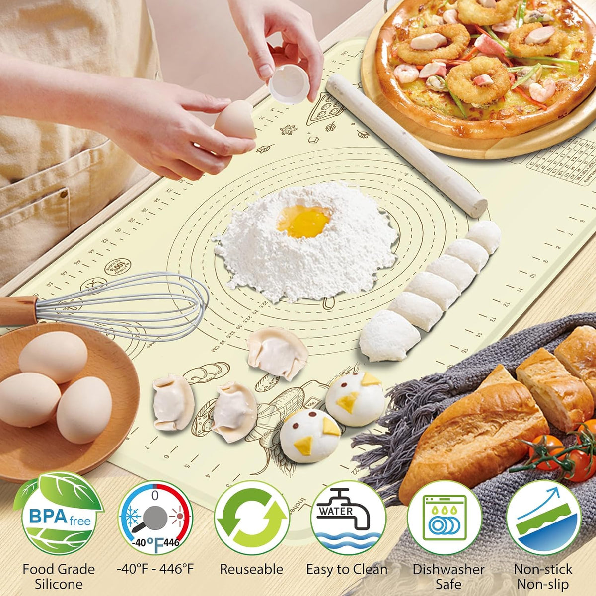 Silicone Baking Mat 24" x 16", Extra Thick Silicone Pastry Mat with Measurements and Edge Heightening, Non-stick Food Grade Dough Rolling Matfor for Pastry, Bread, Cookies, Pizza, Fondant, Pasta