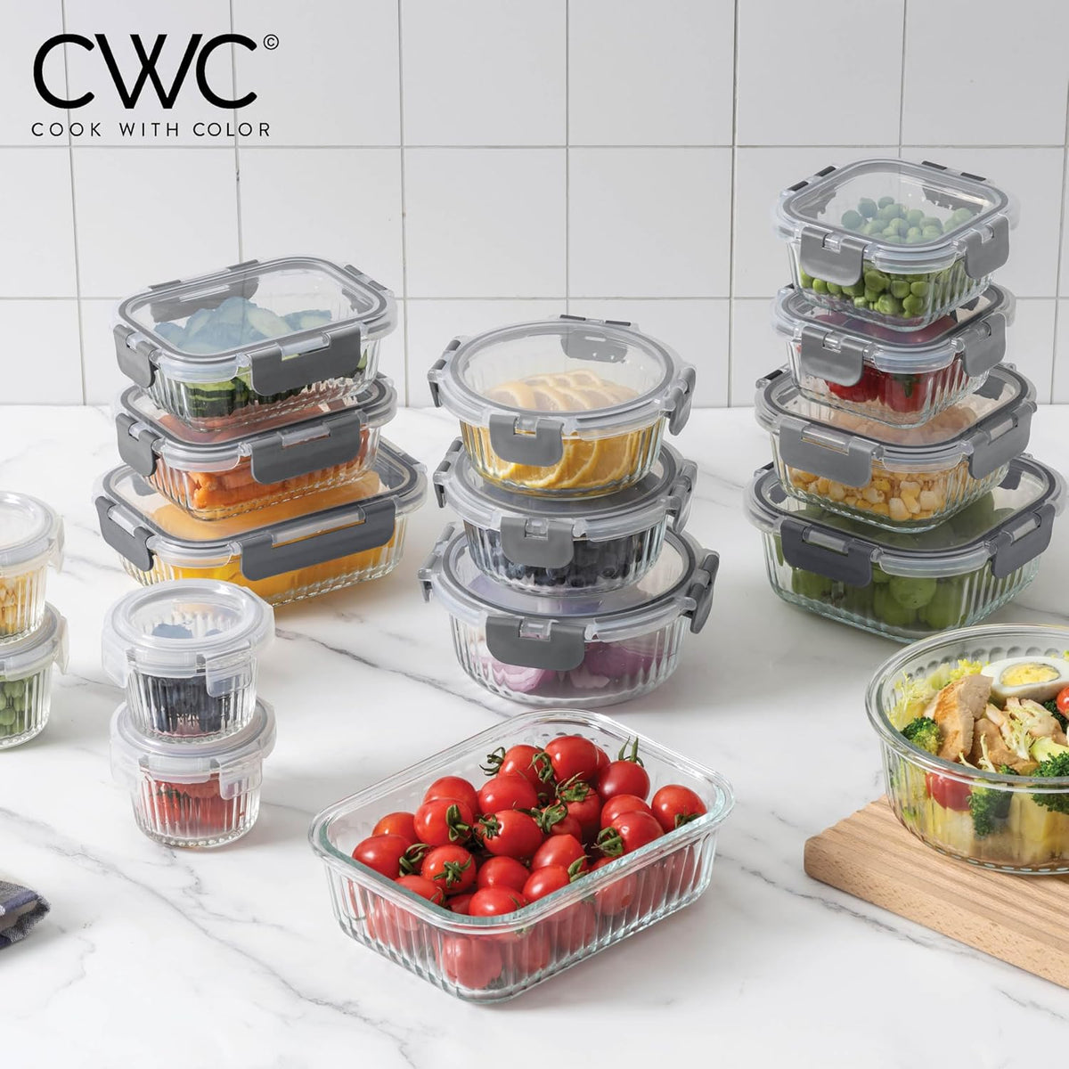 COOK WITH COLOR Premium 32-Pc. Borosilicate Glass Food Container Set with Dividers - 4 Rectangles, 8 Rounds, 4 Squares - Leakproof Lids - Meal Prep, Storage, Fluted Ombre Grey
