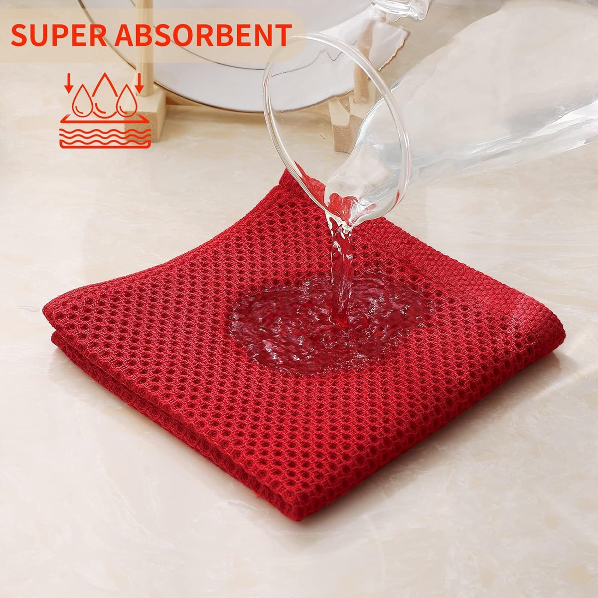 Kitinjoy 100% Cotton Kitchen Dish Cloths, 12 Pack Waffle Weave Ultra Soft Absorbent Dish Towels for Drying Dishes Quick Drying Kitchen Towels Dish Rags, 12 X 12Inch, Red
