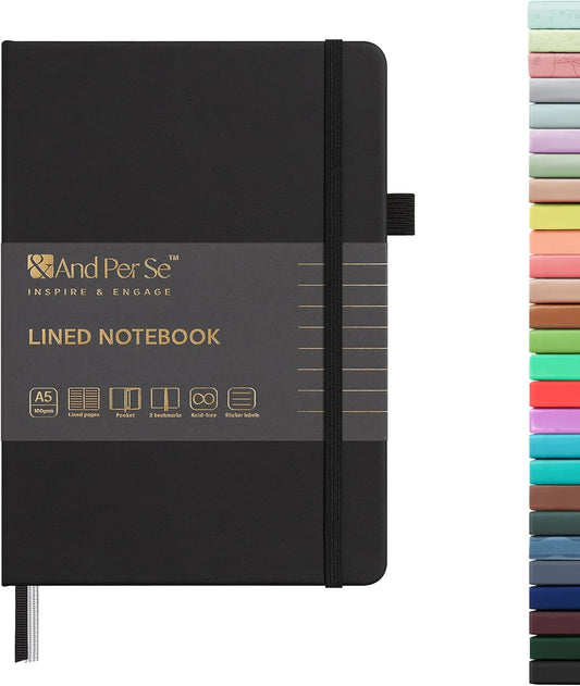 &And Per Se Lined Journal Notebook, 160 Pages, A5 5.7 x 8 inches College Ruled Thick Paper Notebook Journals for Writing, Hardcover Notebooks for Women Men Office School (1 Pack, Black)