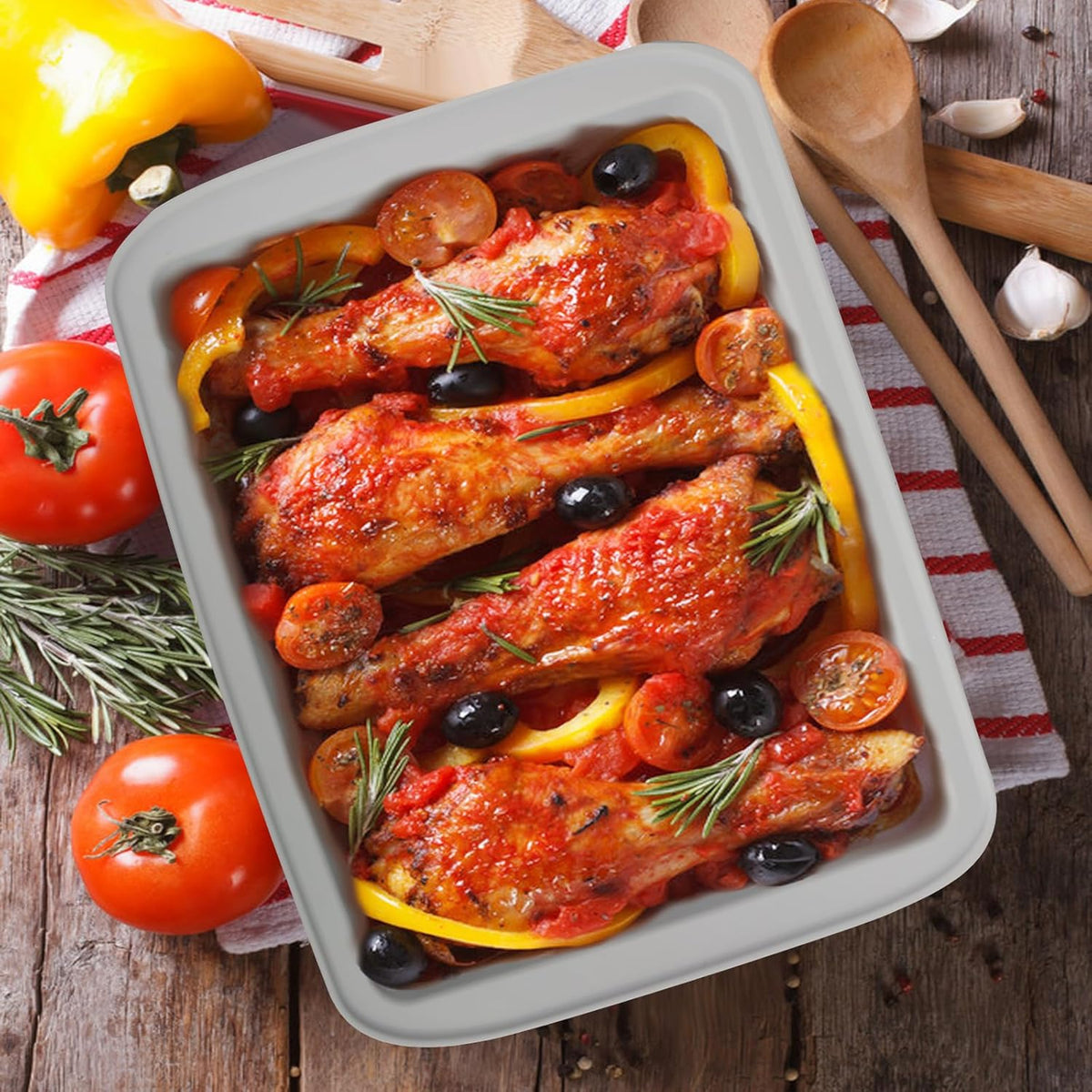 Silicone Baking Mold, Detroit Style Pizza Pan, Rectangular Baking Dish with Handles, Compatible with Fancy Panz, for Lasagna, Cake, Brownie or Family Dinner, 12.6 x 9.8 x 2.1 Inch (2 Pack, Grey)