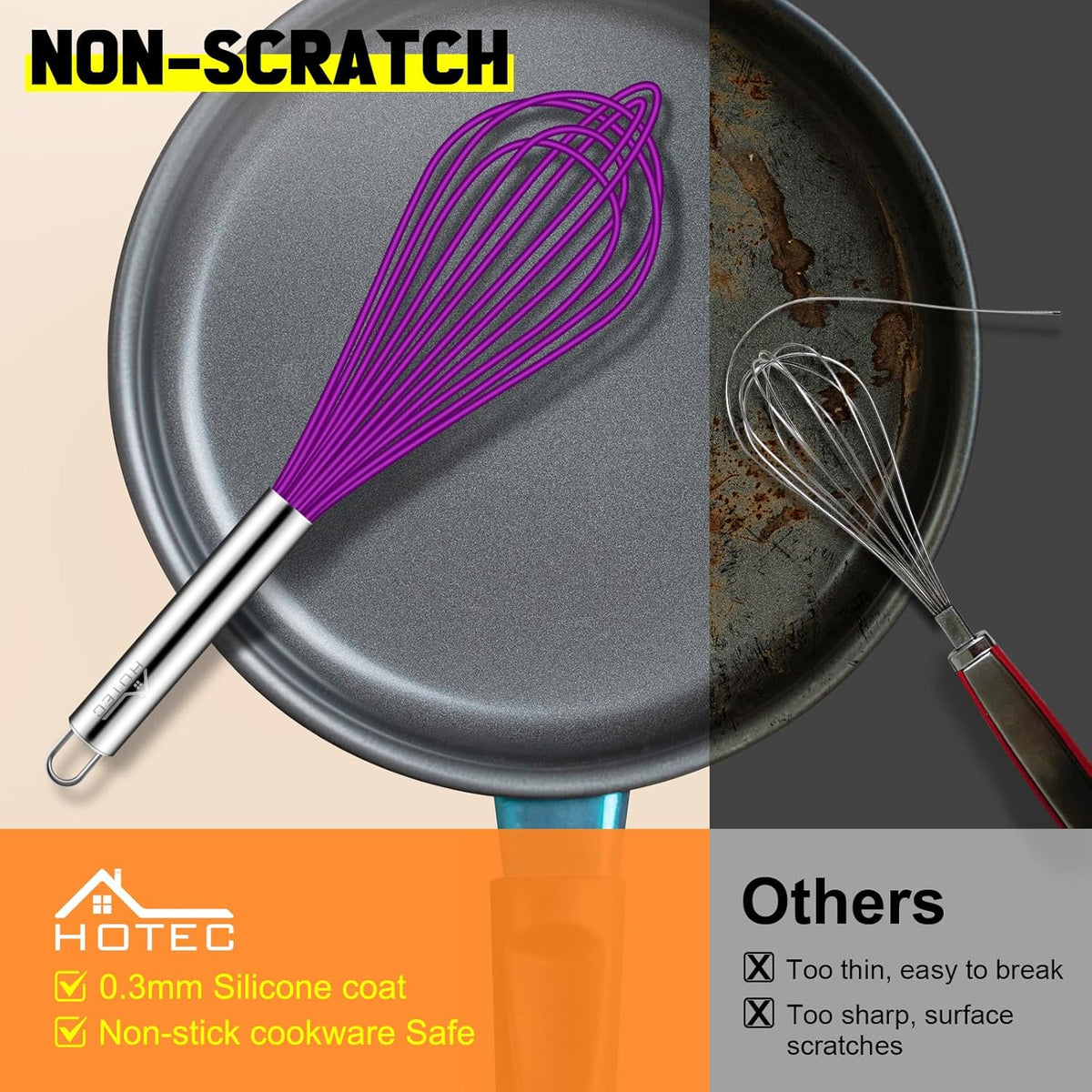 HOTEC 4 Pieces Silicone Whisks Set, Wire Balloon Whisks Egg Beater, Non-slip Handle Whisk for Non-stick Cookware Perfect for Cooking, Stirring, Beating and Blending (Purple)