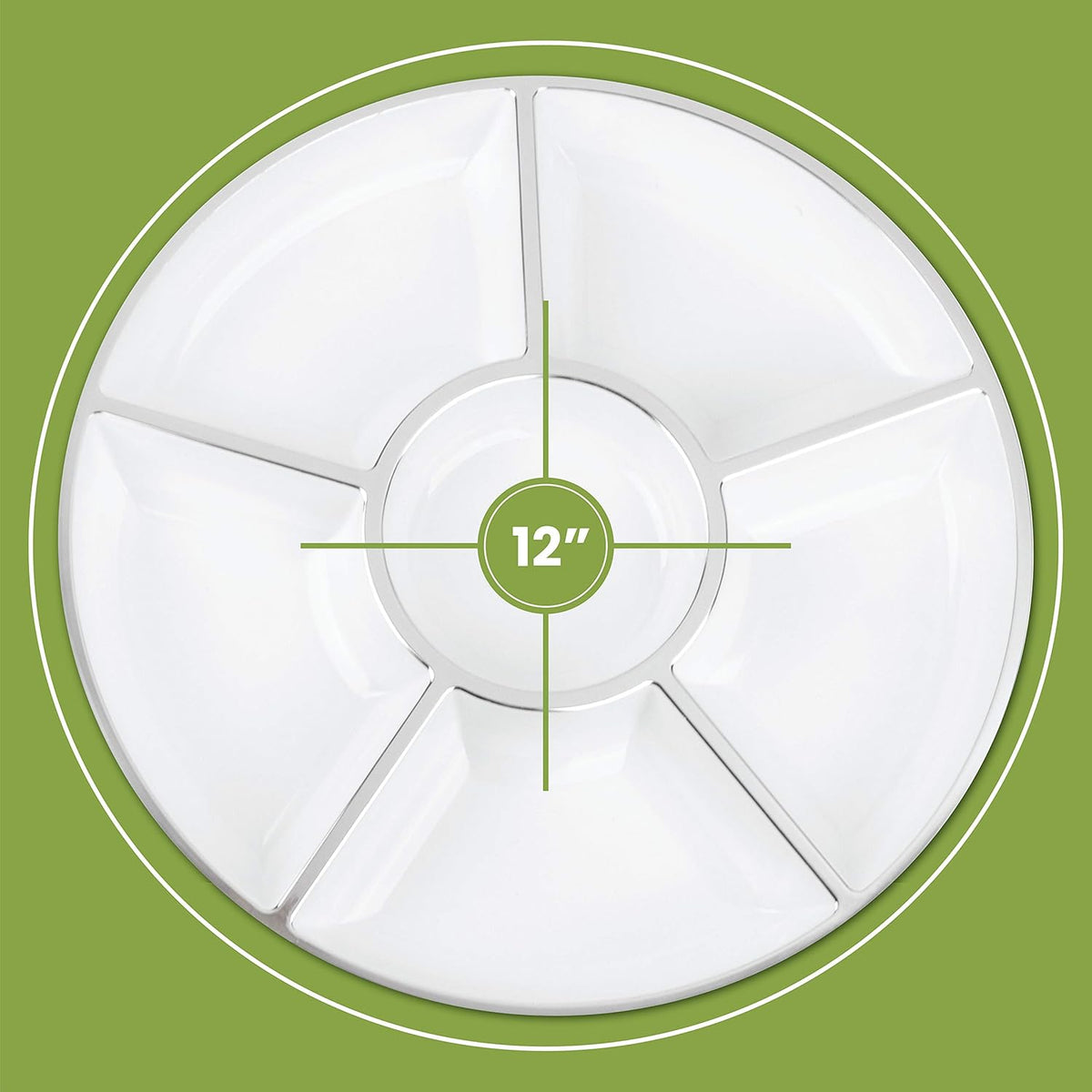 Plasticpro 6 Sectional Round Plastic Serving Tray/Platters White & Silver Pack of 2