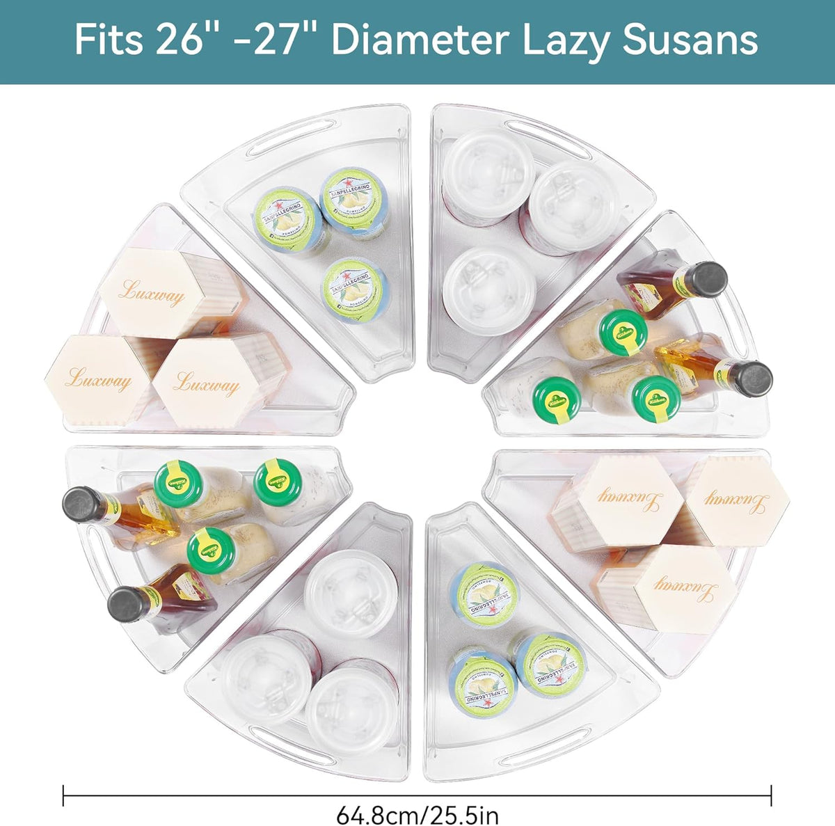 Oubonun Lazy Susan Organizers Set of 8, 10.2”x 9.4”x 4” Plastic Transparent Kitchen Cabinet Storage Bins with Handle, 4" Deep Container, 1/8 Wedge - Food Safe, without BPA