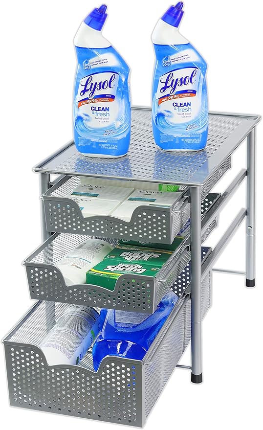 Simple Houseware Stackable 3 Tier Sliding Basket Organizer Drawer, Silver