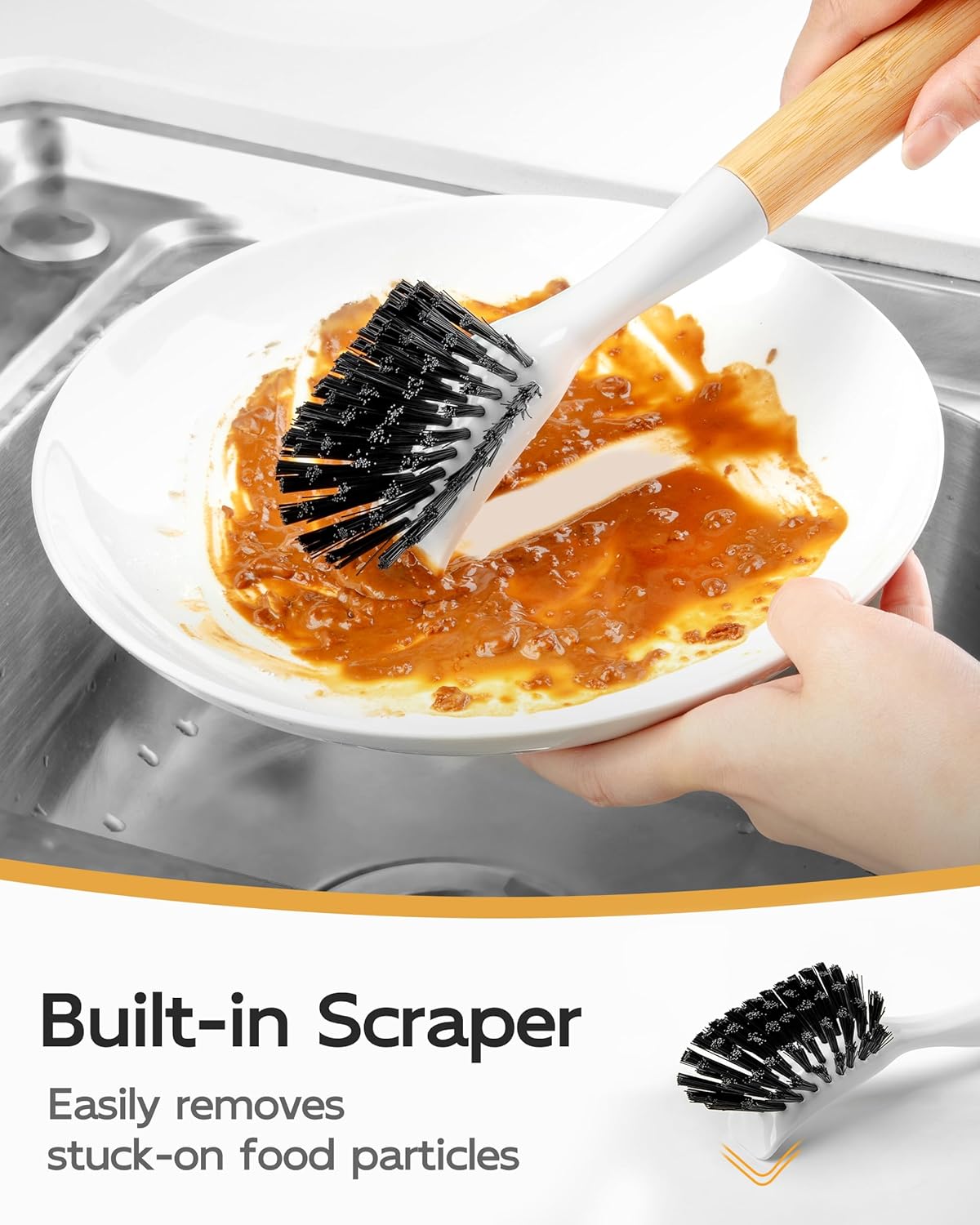 MR.SIGA Dish Brush with Handle, Dish Scrub Brush, Bamboo Dish Brush, Safe on Nonstick Pots, Pans, 2 Pack