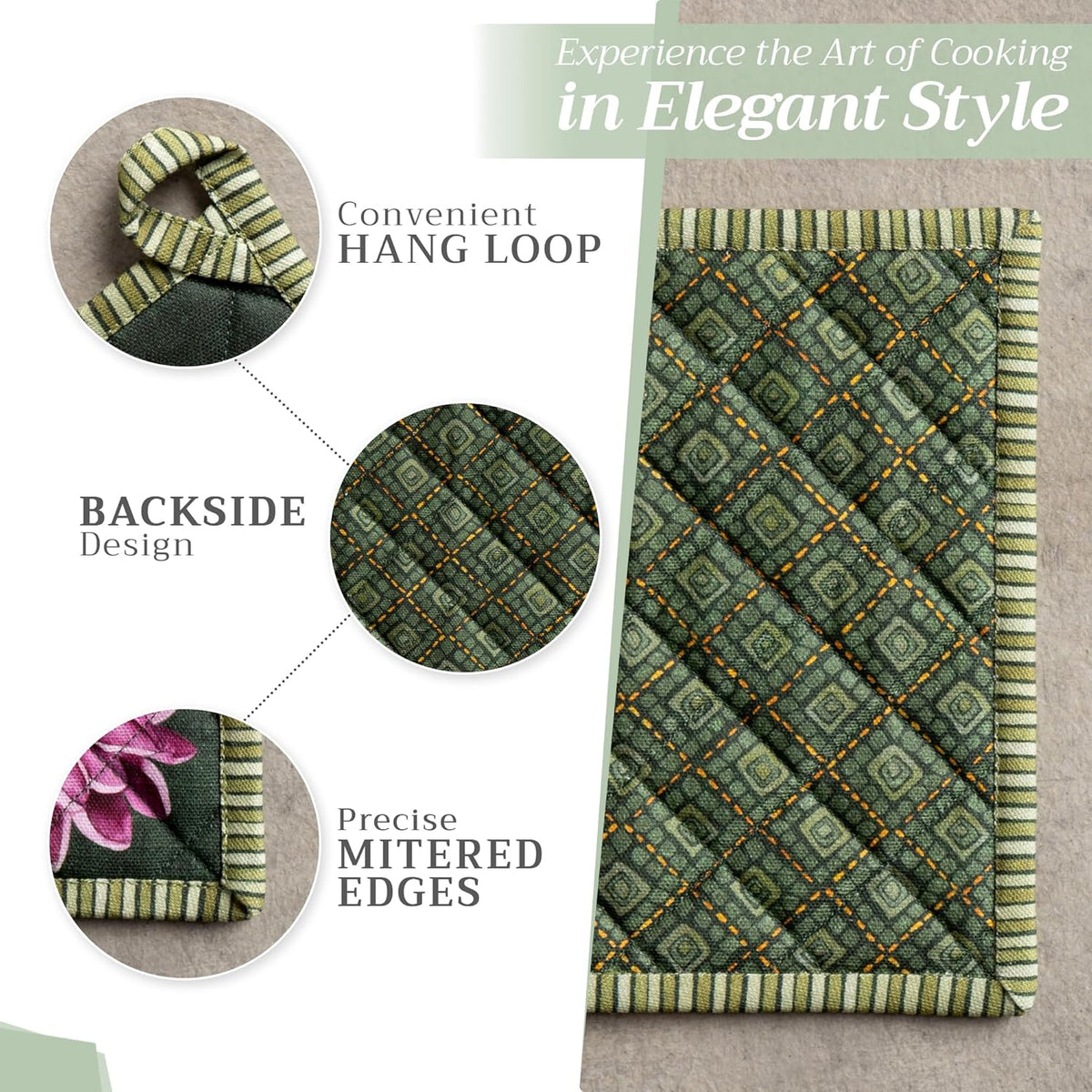 Maison d' Hermine Pot Holders Set 100% Cotton Heat Resistant Potholders 8" x 8" Hot Pads with Loop BBQ, Cooking, Baking, Grilling, Kitchen, Handling Hot Pans (Pack of 2, Pumpkin Garden - Dark Green)