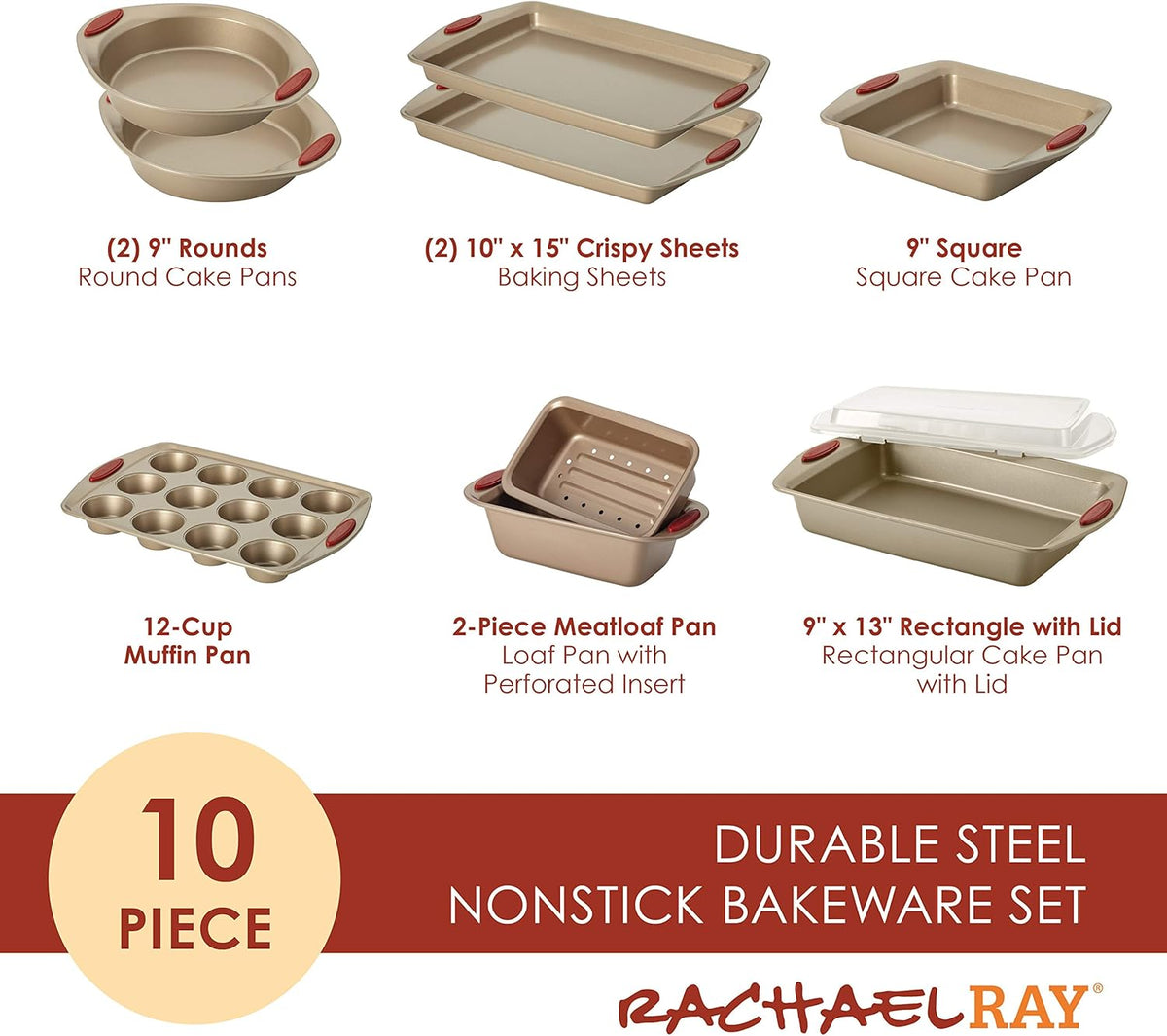 Rachael Ray Cucina and Yum-o! Nonstick Bakeware Set with Cookie Sheets, Cake Pans, and More, 11 Pieces