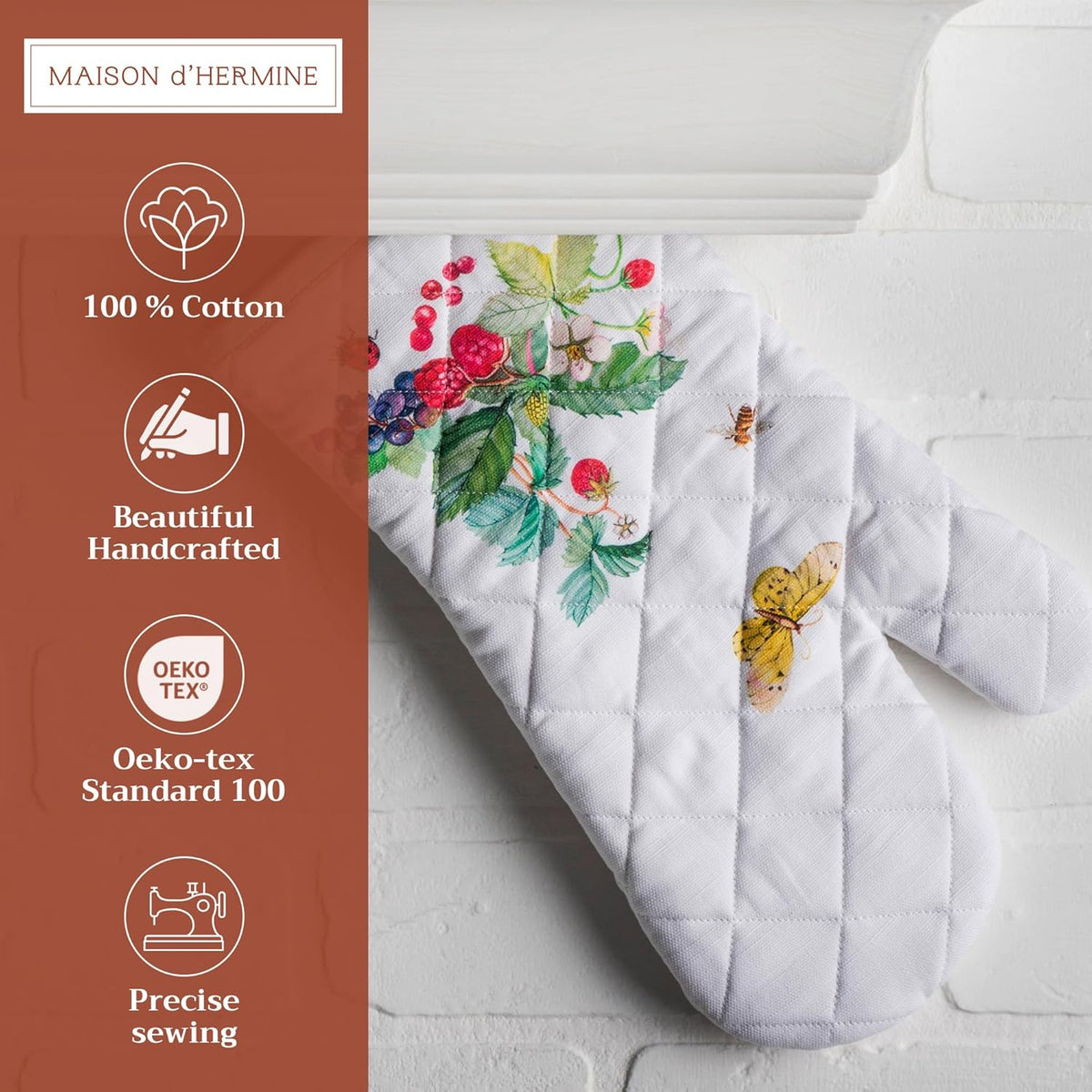 Maison d' Hermine Oven Gloves 100% Cotton Oven Mitt 7" x 13" with Loop Heat Resistant, BBQ, Cooking Gloves, Baking, Grilling, Kitchen, Handling Hot Pans Spring/Summer (Pack of 1, Printemps)