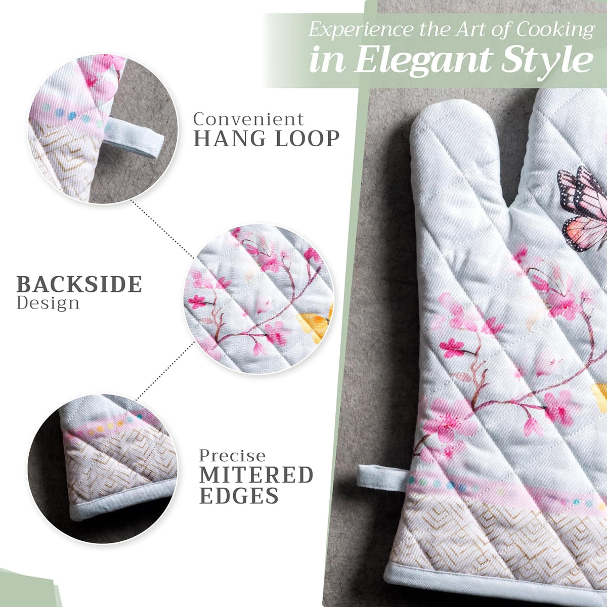 Maison d' Hermine 100% Cotton Oven Mitt & Pot Holder Set (7.5"x13" & 8"x8") Heat Resistant BBQ Cooking Gloves with Loop, Baking, Grilling, Kitchen, Handling Hot Pans Spring/Summer (Blossoms In Spring)