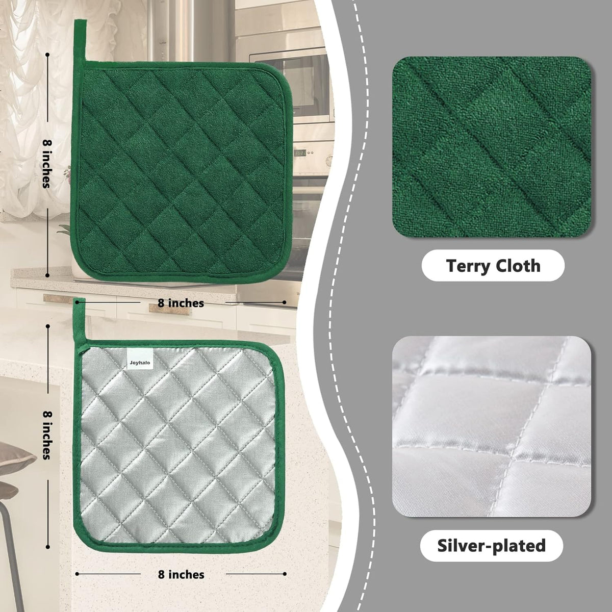 Joyhalo 4 Pack Pot Holders for Kitchen,Cotton Oven Holder with Great Heat Resistance,Non Slip Hot Pads for Kitchen Clearance,Dark Green