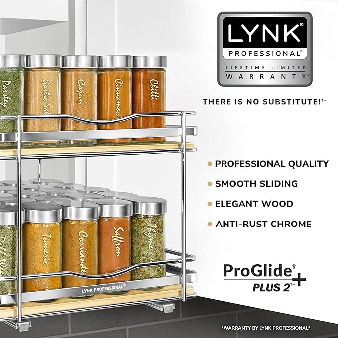 LYNK PROFESSIONAL® Élite™ Pull Out Spice Rack Organizer for Inside Kitchen Cabinets - 10-1/4 inch Wide - Slide Out Drawer – Wood/Chrome Sliding Spice Cabinet Organization Shelf Racks - 2 Tier