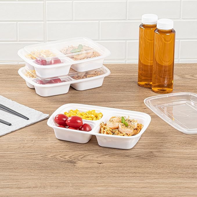 Restaurantware Asporto 26 Ounce Compartment Take Out Boxes, 50 Microwavable Meal Prep Containers - 3 Compartments, With Clear Plastic Lids, White Plastic Food Containers, Do Not Contain BPA