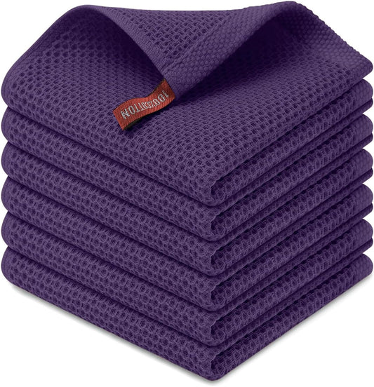 Kitinjoy 100% Cotton Kitchen Dish Cloths (12 X 12 Inches, Eggplant),6 Pack Waffle Weave Ultra Soft Absorbent Dish Towels for Drying Dishes Quick Drying Kitchen Towels Dish Rags