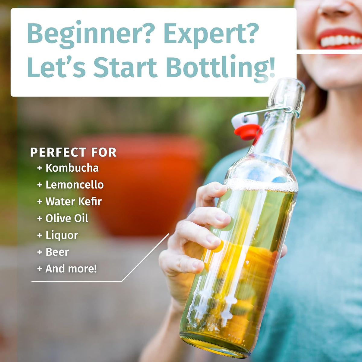 Otis Classic Swing Top Glass Bottles - Set of 6, 16oz w/Marker & Labels - Clear Bottle with Caps for Juice, Water, Kombucha, Wine, Beer Brewing, Kefir Milk or Eggnog