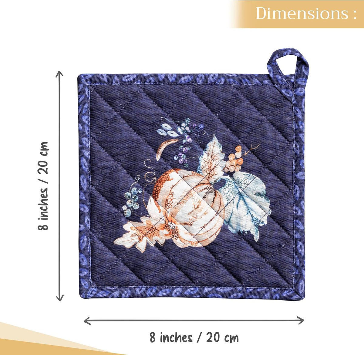 Maison d' Hermine Pot Holders Set 100% Cotton Heat Resistant Potholders 8" x 8" Hot Pads with Loop BBQ, Cooking, Baking, Grilling, Kitchen, Handling Hot Pans (Pack of 2, Pumpkin Blues)