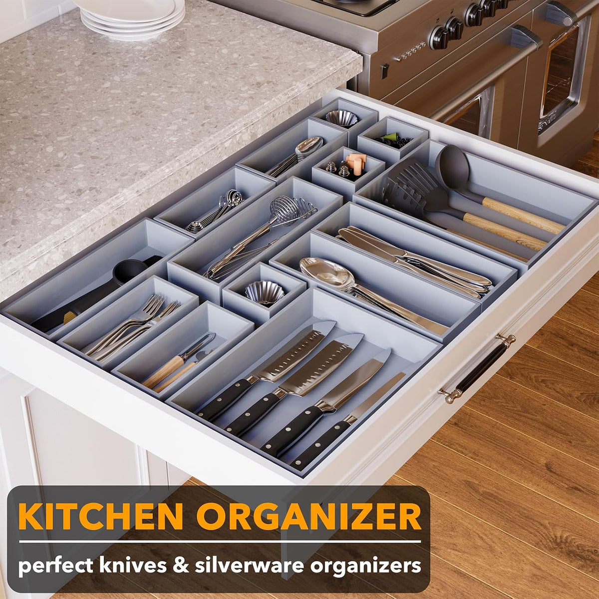SpaceAid 14-Piece Bamboo Drawer Organizer Storage Boxes Set, Wood Tray Junk Drawer Organizers Multi-Use Divider Bins for Kitchen, Bathroom, Office Desk and Makeup Organization (14 Pack, Gray)