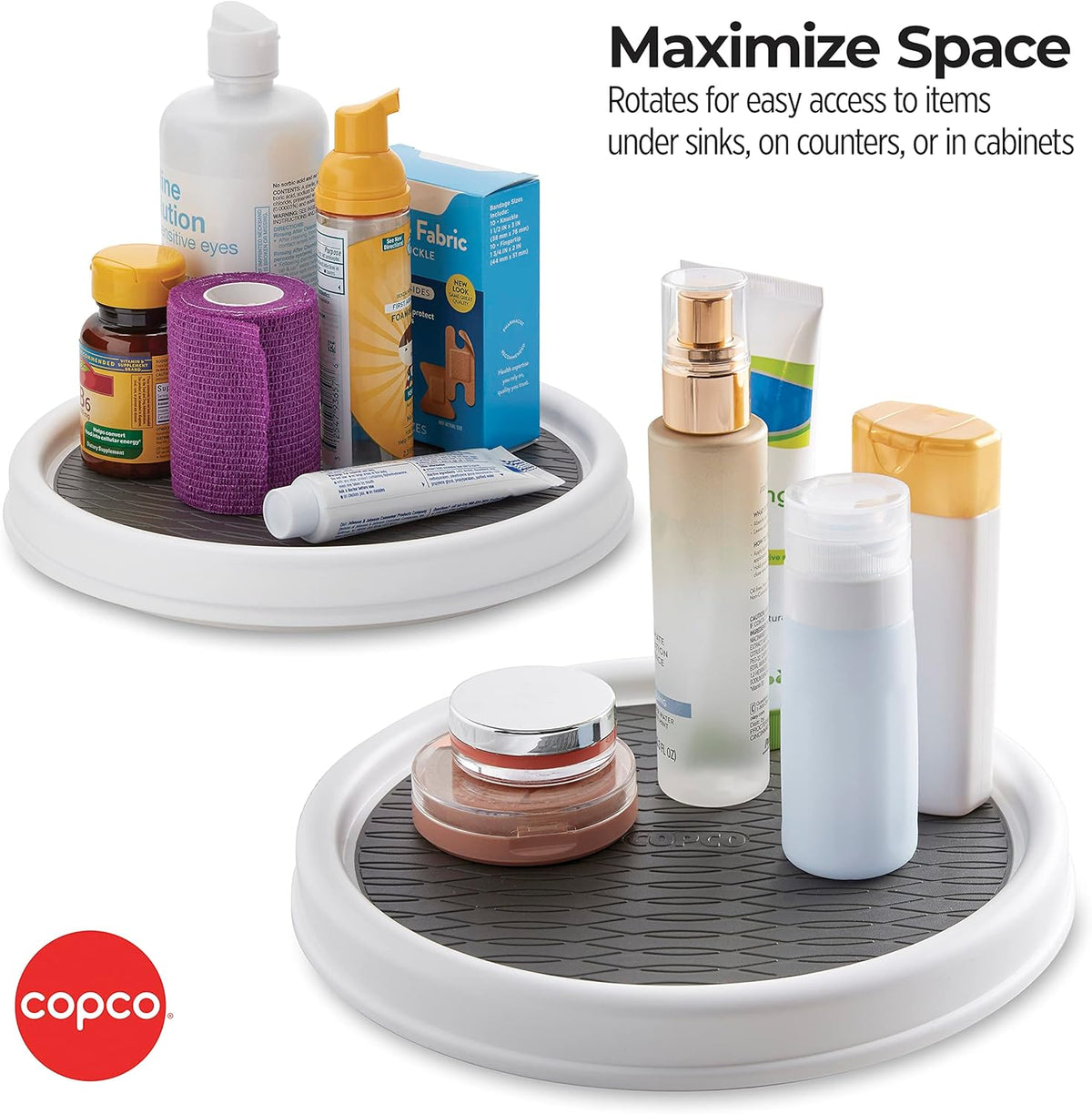 Copco 9 Inch Non Skid Pantry Cabinet Lazy Susan Turntable, Set of 2, Spinning Organizer for Kitchen, Countertop, or Bathroom, White and Gray