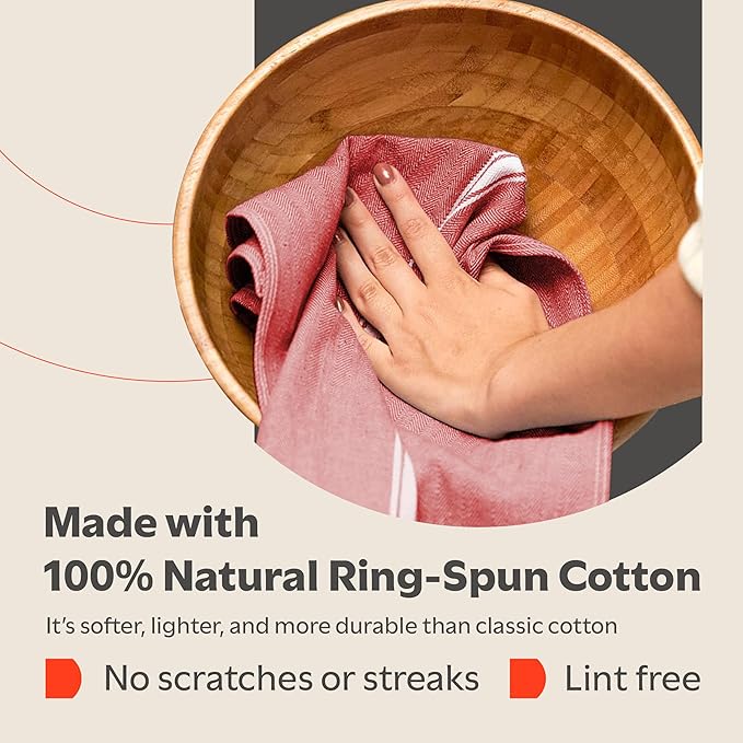 Zeppoli Classic 15 Pack 100% Natural Cotton Kitchen Towel Set, Reusable Wash Cloths, Absorbent Dish Towels, Machine Washable Hand Towels, Kitchen Essentials - 14' by 25' - Red Base