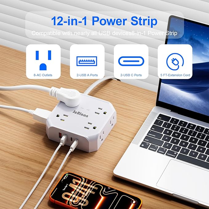 Surge Protector Power Strip, 8 Outlets with 4 USB Ports(2 USB C), 4-Sided 1050J Outlet Extender with 5FT Flat Extension Cord for Travel, Home, School, College Dorm Room Essentials
