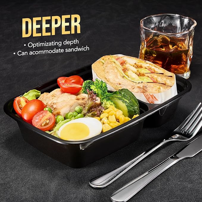 Glotoch 50 Pack 32oz 2 Compartment Meal Prep Container Microwave Safe, Food Prep Containers With Lids For Lunch/Deli/Takeout/Leftover, BPA-Free Freezer & Dishwasher Safe, Black