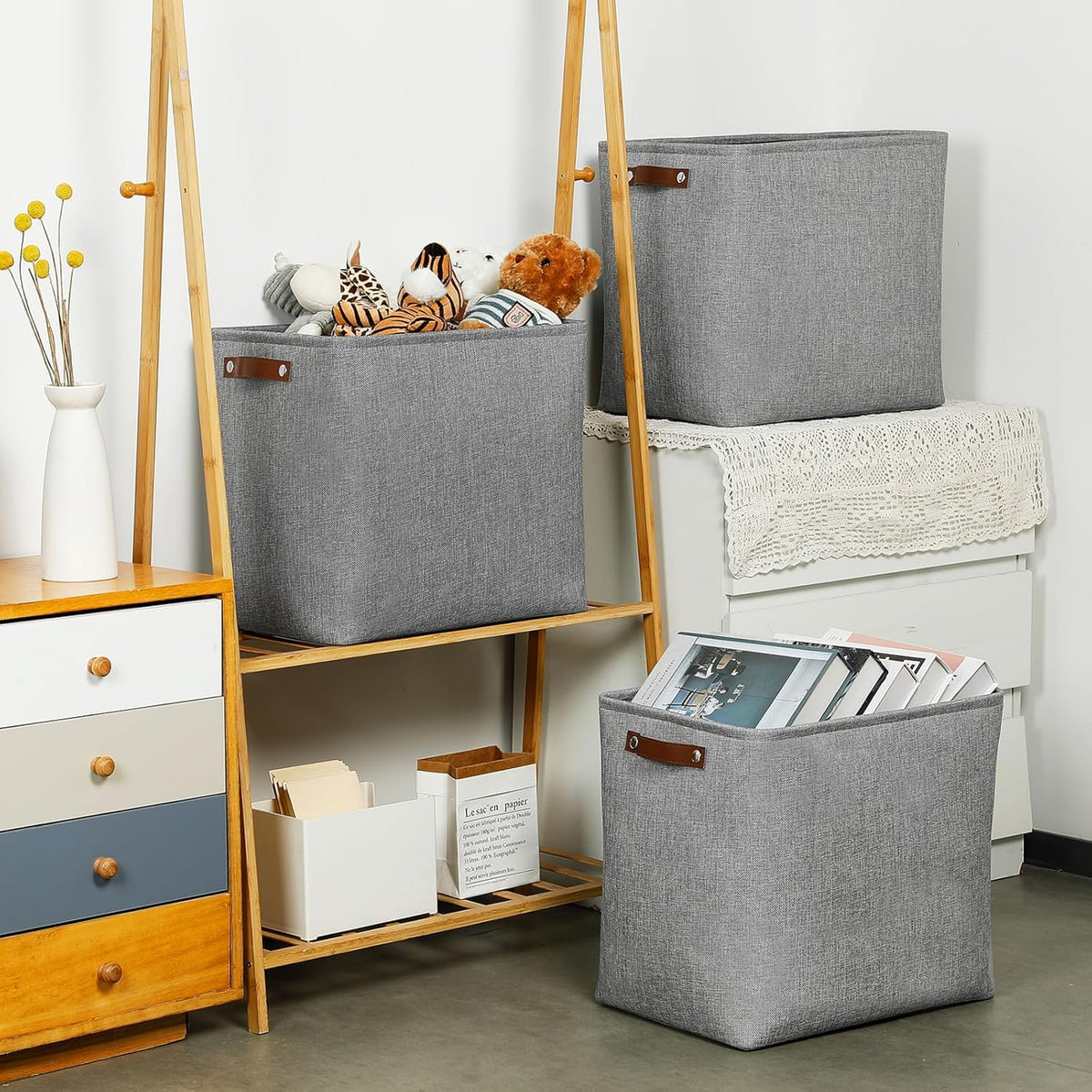 DULLEMELO Large Storage Baskets for Blankets Living Room 51L Canvas Storage Baskets for Organizing 3 Pack Collapsible Baskets Bins for Organizing Home Office with Handles (Grey)