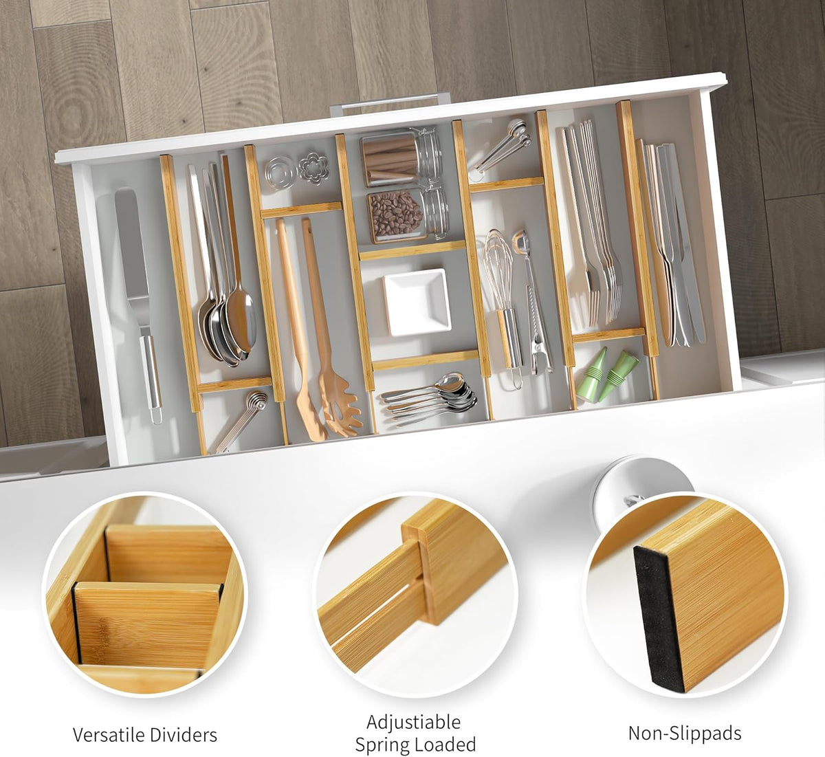 Adjustable Bamboo Drawer Dividers with Inserts, Expandable Spring-Loaded Drawer Organizer for Kitchen, Clothes, Tools, Silverware, Bamboo Organizer Separators - 6 Large Pieces