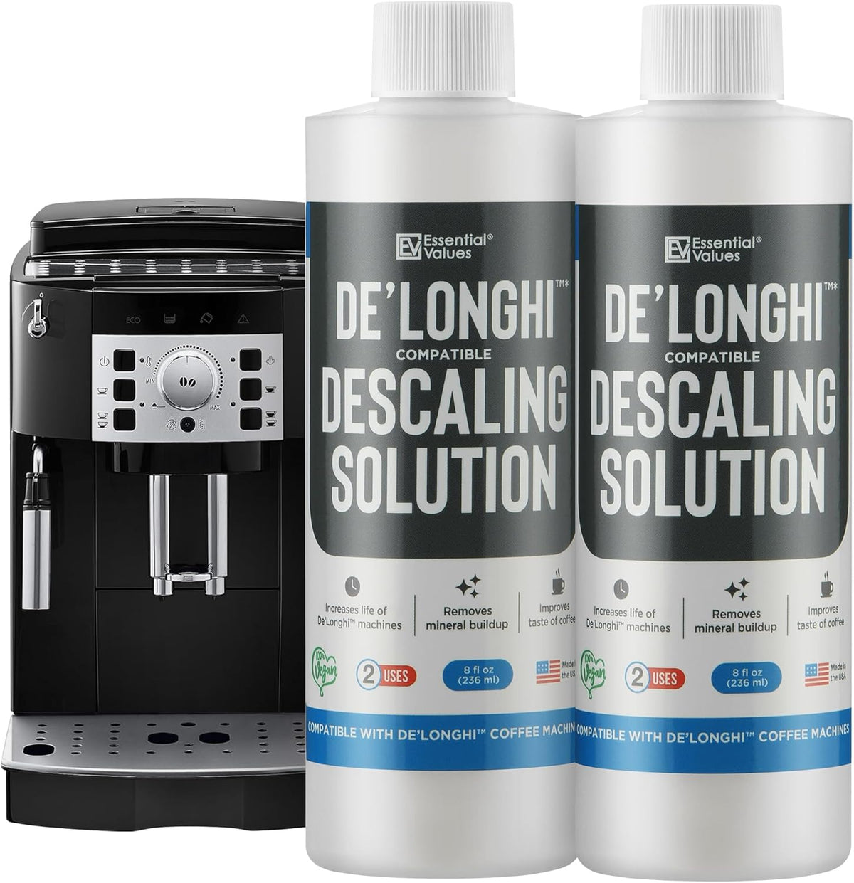 Essential Values Descaling Solution Compatible with De Longhi - Coffee Descaler - Coffee Maker Cleaner - Kettle, Espresso Machine Cleaning - 12 Month Supply 2-Pack