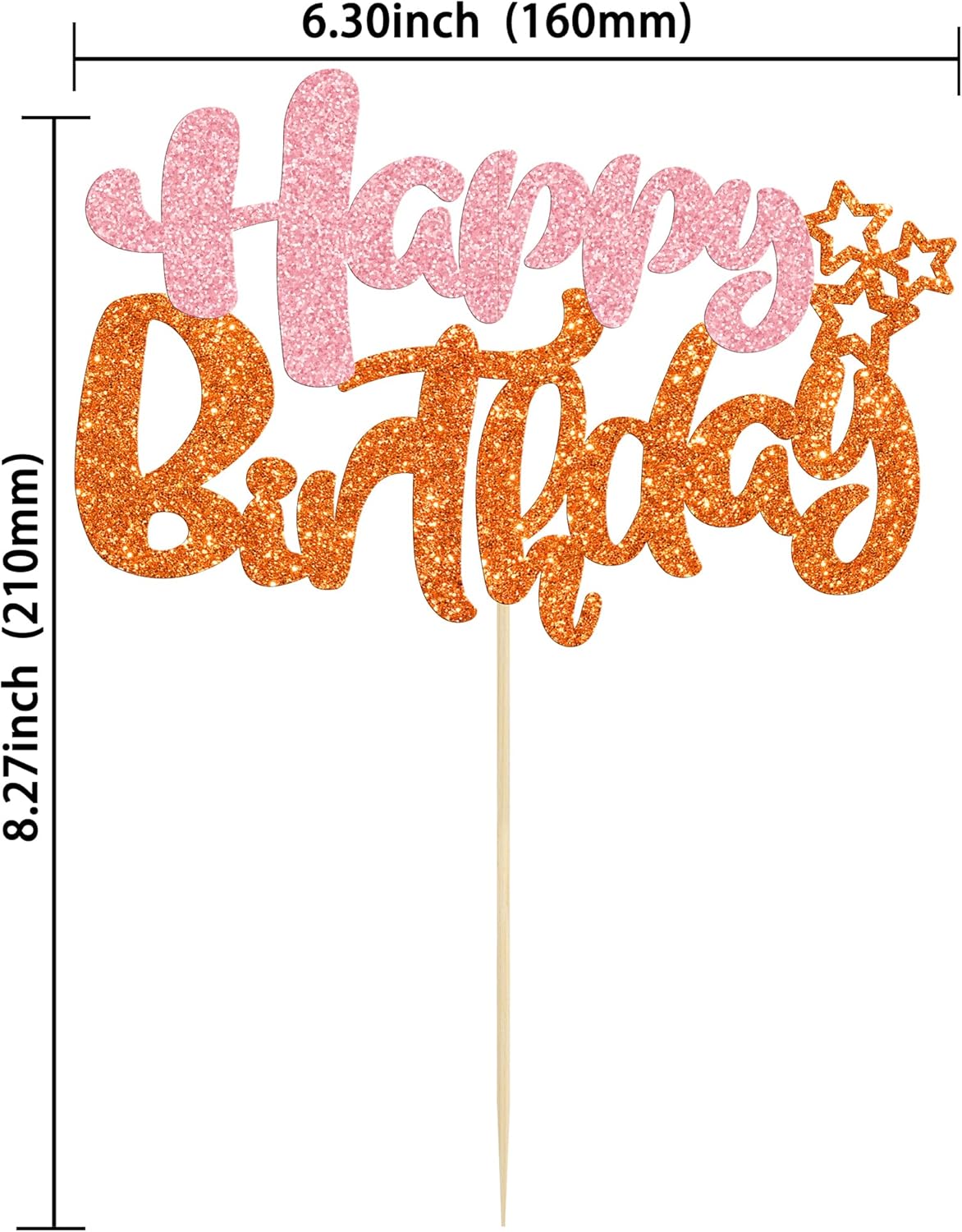 Ephlyn 1Pcs Happy Birthday Cake Topper Glitter Cake Pick for Celebrating Anniversary Party Cake Decorations Supplies Pink Orange