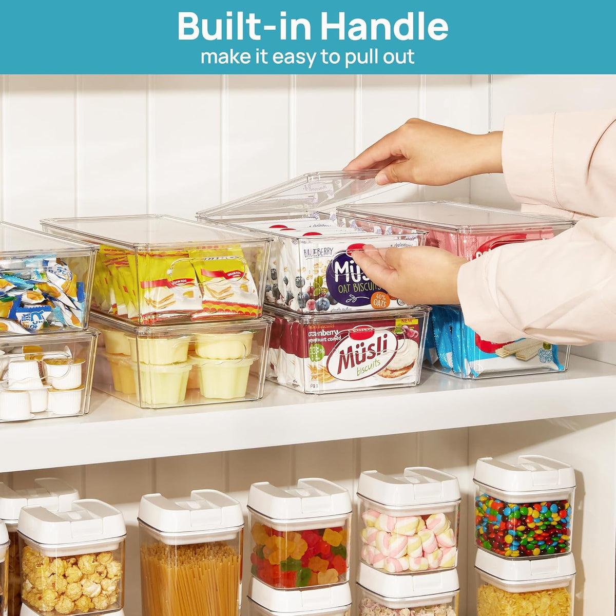 Vtopmart 4pcs Clear Organizers and Storage Bins with Lids, Stackable Plastic Storage Containers with Handles for Fridge, Freezer, Pantry, Cabinet, Kitchen Organization