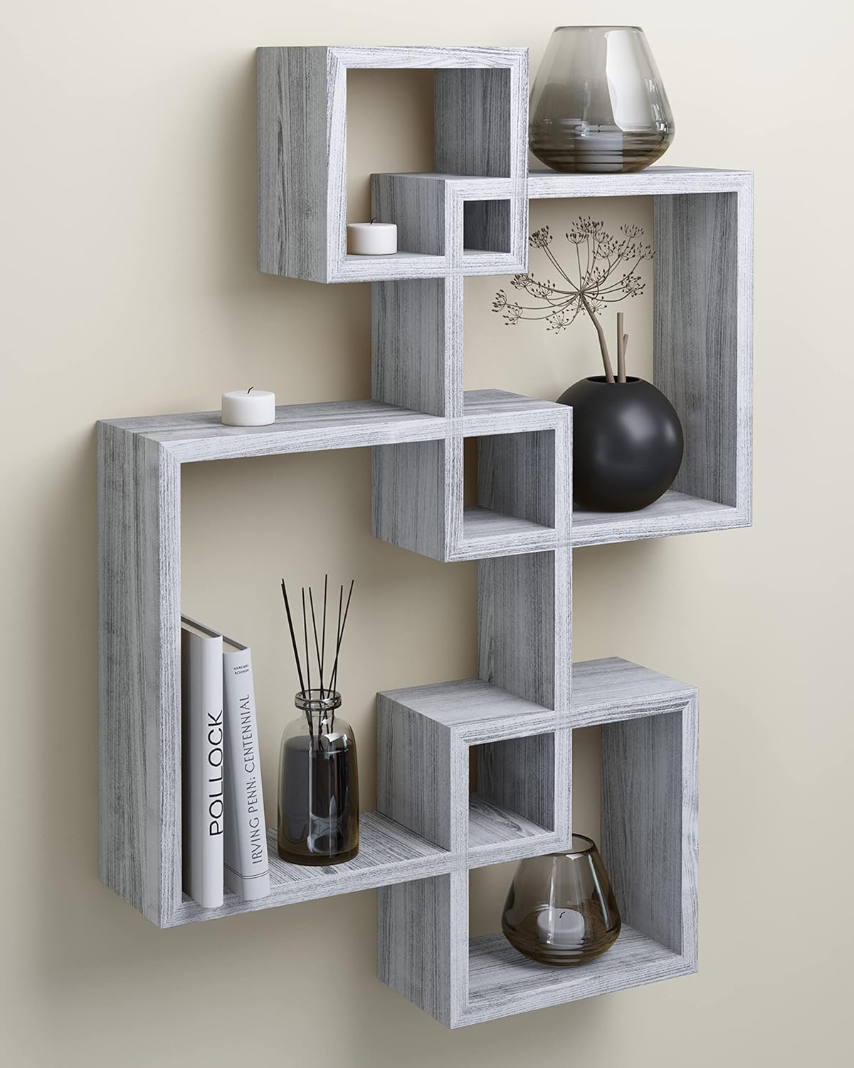Greenco 4 Cube Intersecting Shelves, Easy-to-Assemble Floating Wall Mount Shelves for Bedrooms and Living Rooms, Rustic White Finish