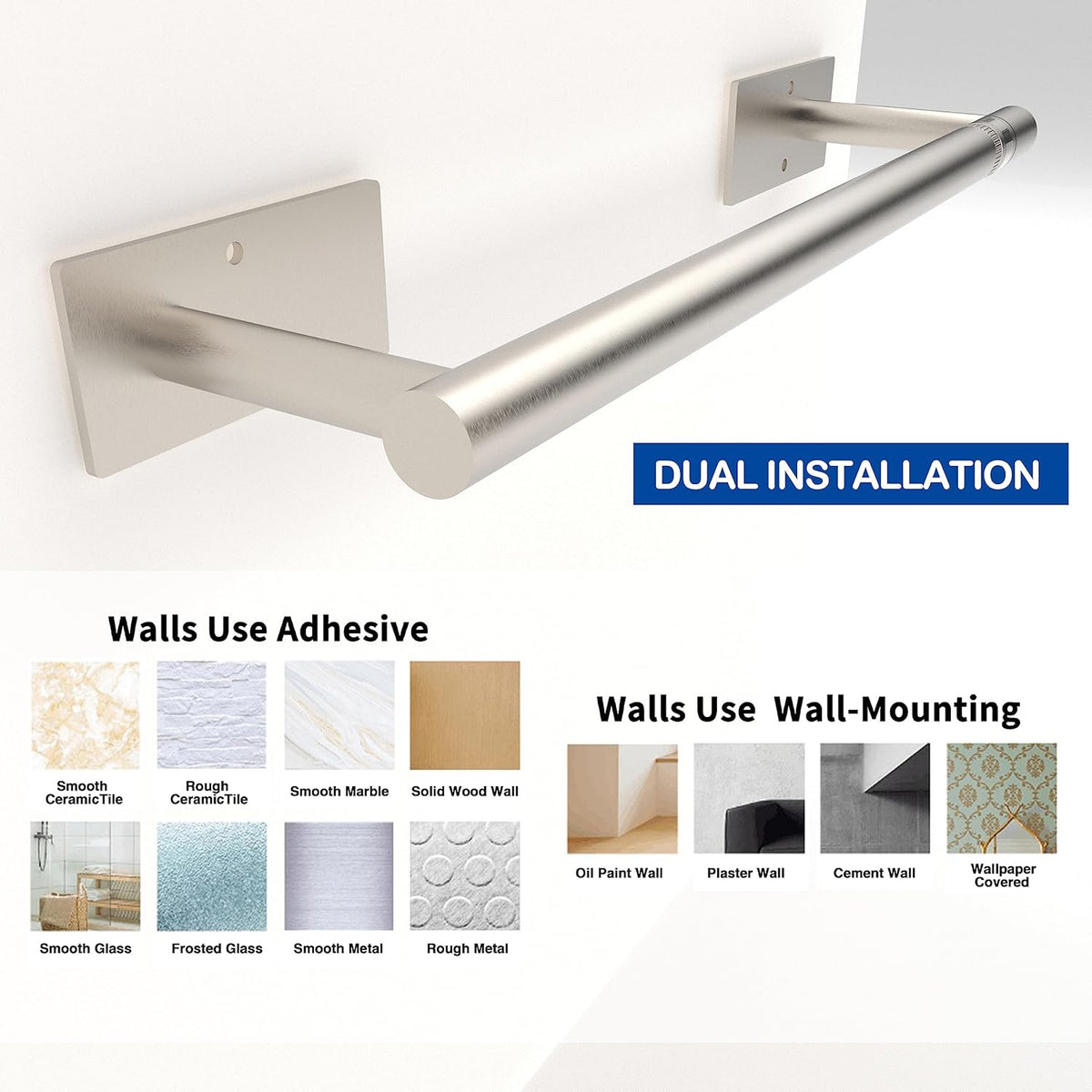 Ruacq Paper Towel Holder Under Cabinet Stainless Steel Double Post Pivoting Square Base Paper Towel Holder for Kitchen Self-Adhesive or Drill mounting (Silver, Large Roll)