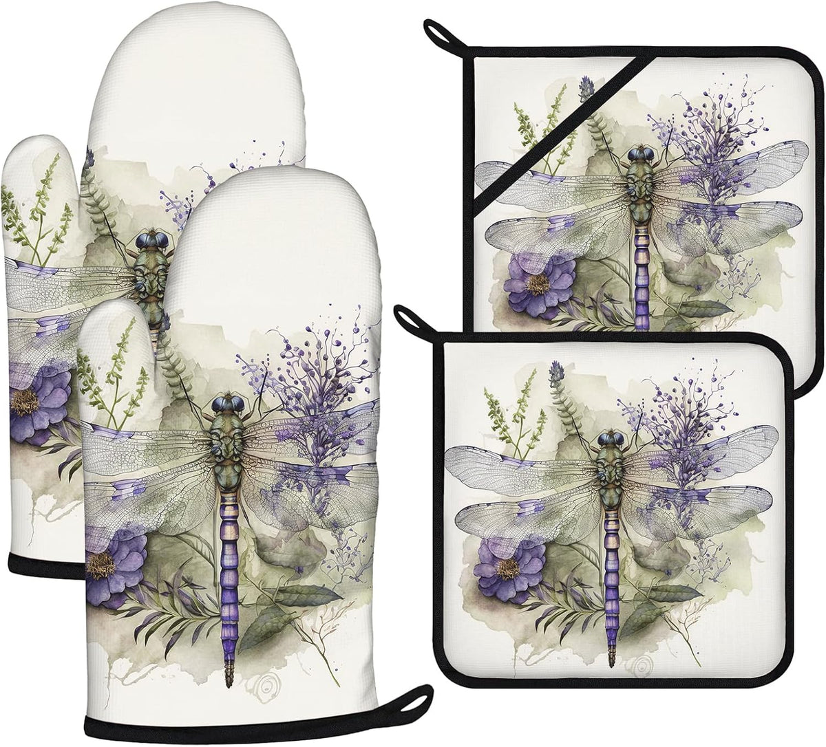 Dragonflies Oven Mitts and Pot Holders Sets 4Pcs,Extra Long Oven Gloves Potholder for Kitchen Cooking Baking BBQ 100% Cotton Heat Resistant
