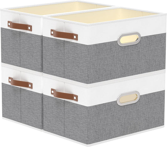 Yawinhe Fabric Storage Bins with Handles, Foldable Baskets for Shelves, Cubes with 3 Handles, Large Boxes for Clothes, White/Grey, 16.9''Lx11.8''Wx10.2''H, 4-Pack