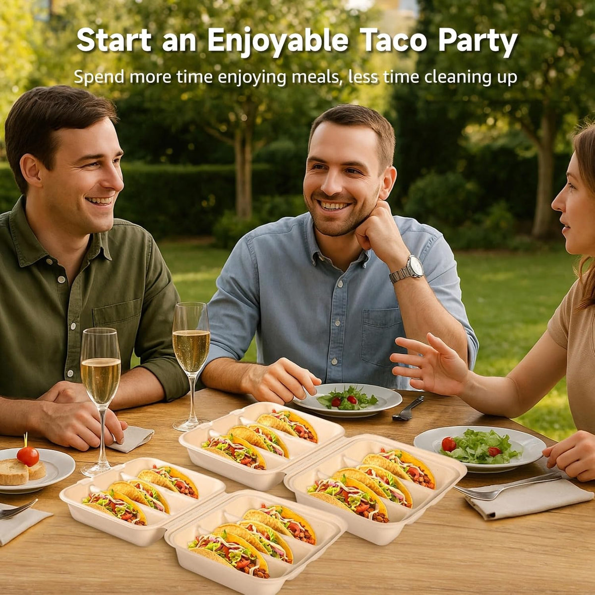 100 PCS Taco Plates Disposable with Lid, 3-Slot Taco Holder, Bagasse Pulp Takeout Food Holders for Tacos, Hot Dogs, Sandwiches, Outdoor Lunch and Party Serving (With Lid)