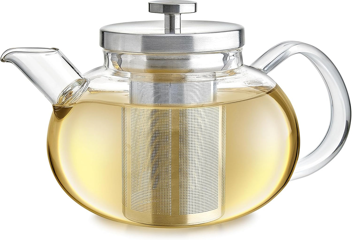 Teabloom Connoisseur Glass Teapot with Stainless Steel Infuser for Loose Tea – 4-Cup Capacity, Stovetop-Safe, Durable Borosilicate Glass, Perfect for Hot and Iced Tea